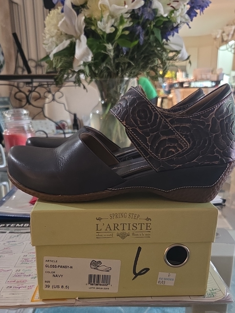 L'ATISTE Navy Floral Embossed Strap Wedge Clogs